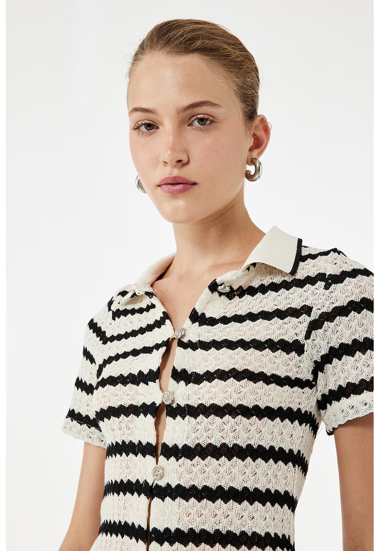 KOTON Cardigan polo cu dungi - Alb fildes/Negru