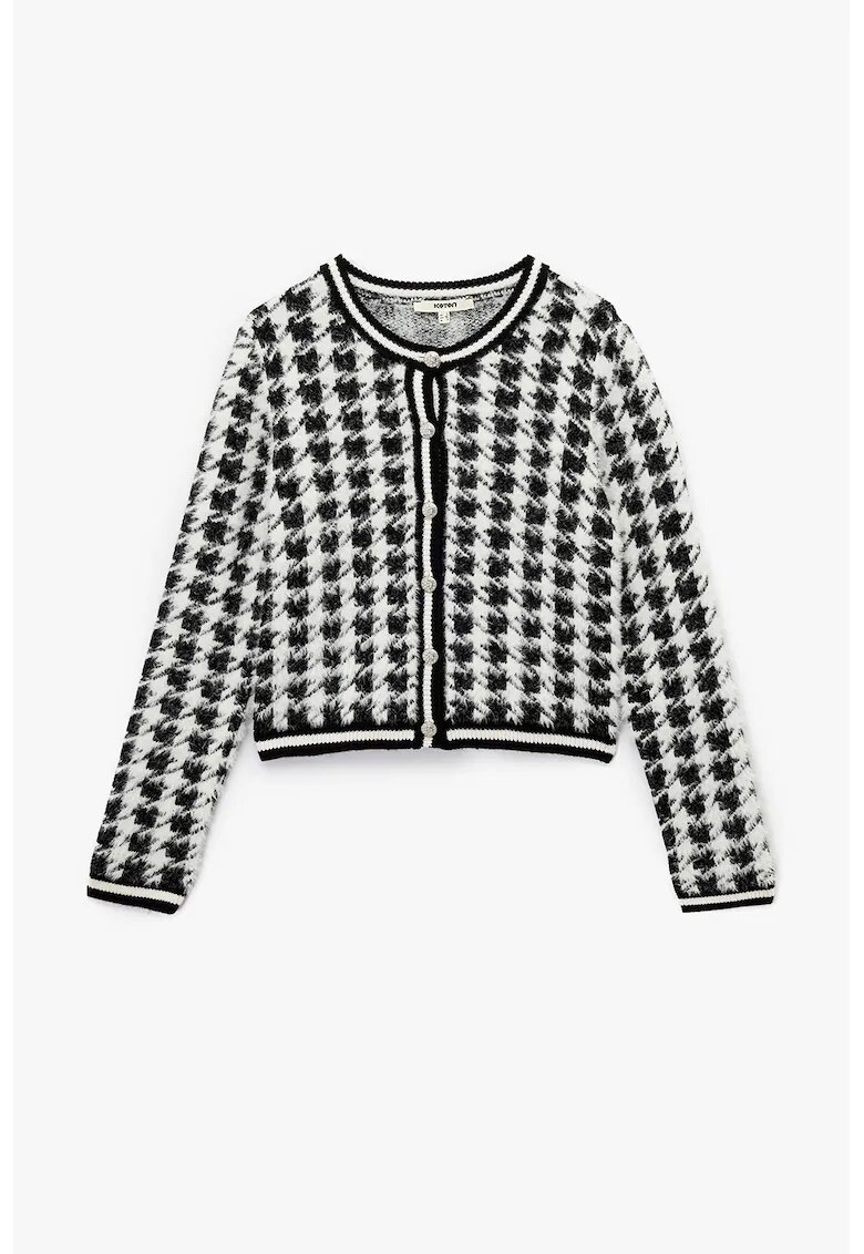KOTON Cardigan pufos cu modle houndstooth - Alb/Negru