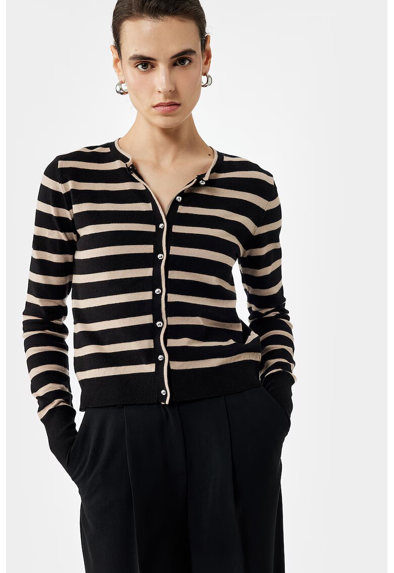 KOTON Cardigan tricotat fin cu model in dungi - Negru/Maro nisip