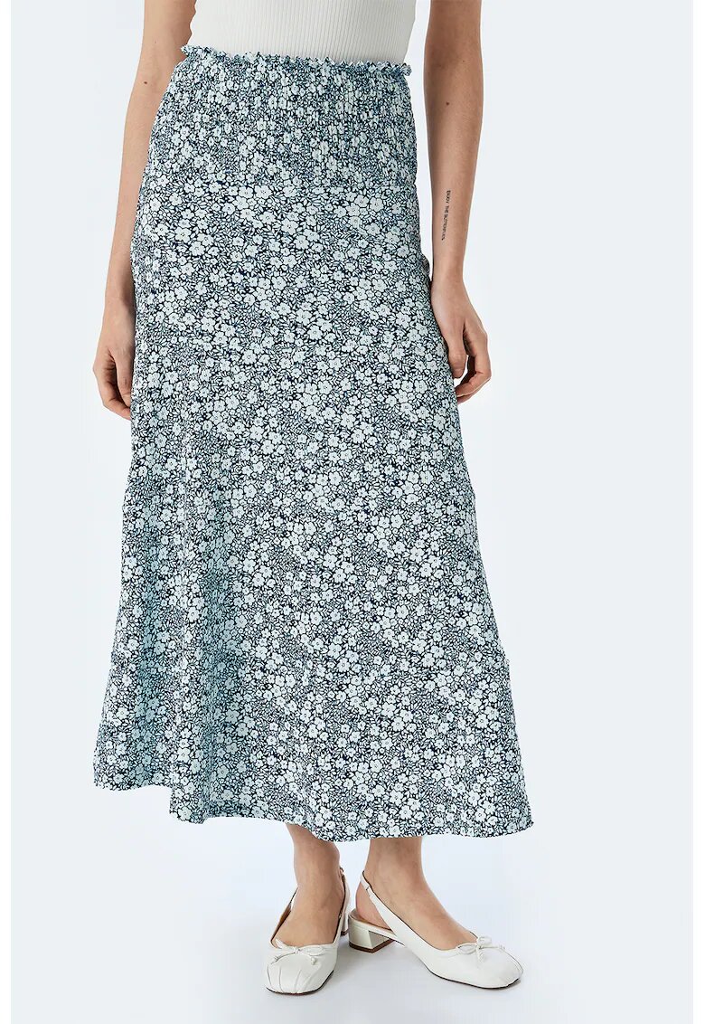 KOTON Fusta lunga evazata cu model floral - Alb/Albastru inchis
