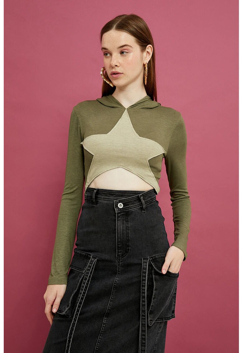 KOTON Hanorac crop cu aplicatie stea - Bej/Kaki