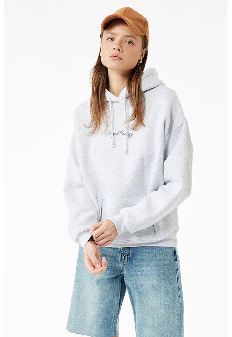 KOTON Hanorac regular fit cu model text - Gri deschis melange/Argintiu