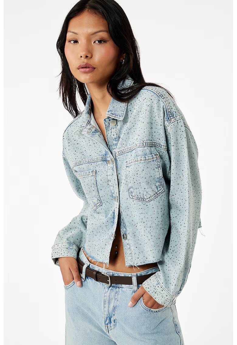 KOTON Jacheta crop din denim cu strasuri - Albastru deschis melange