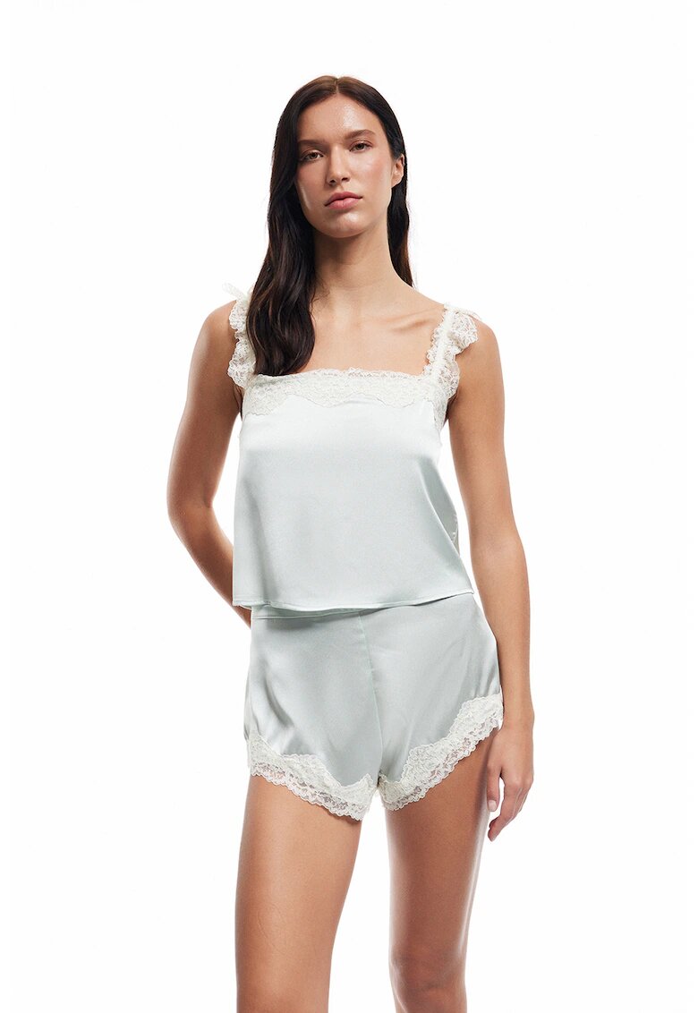KOTON Pantaloni scurti de pijama cu aspect satinat si captuseala din dantela - Verde pal