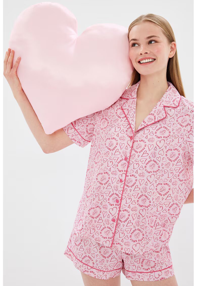 KOTON Pantaloni scurti de pijama cu snur de ajustare si model cu inimi - Roz pastel/Roz fandango