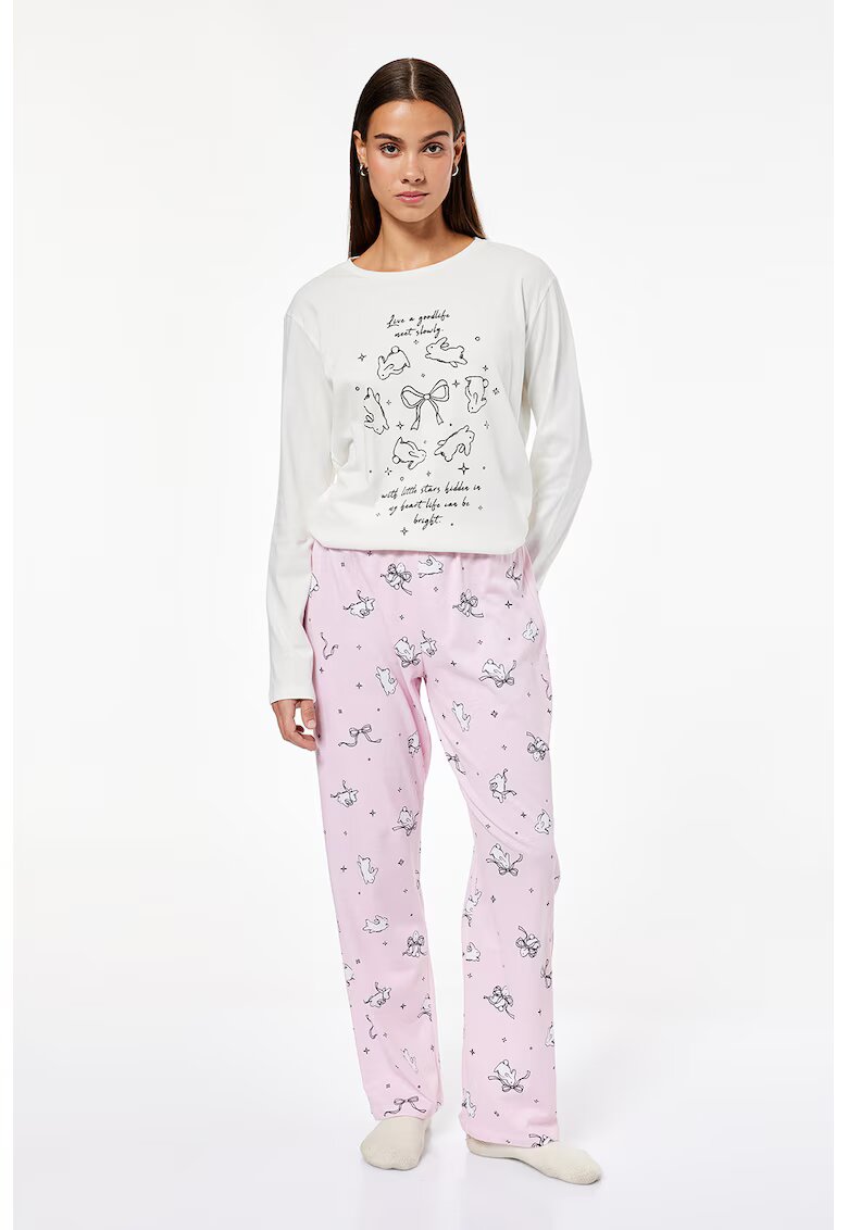 KOTON Pijama lunga de bumbac cu imprimeu - Alb/Negru/Roz