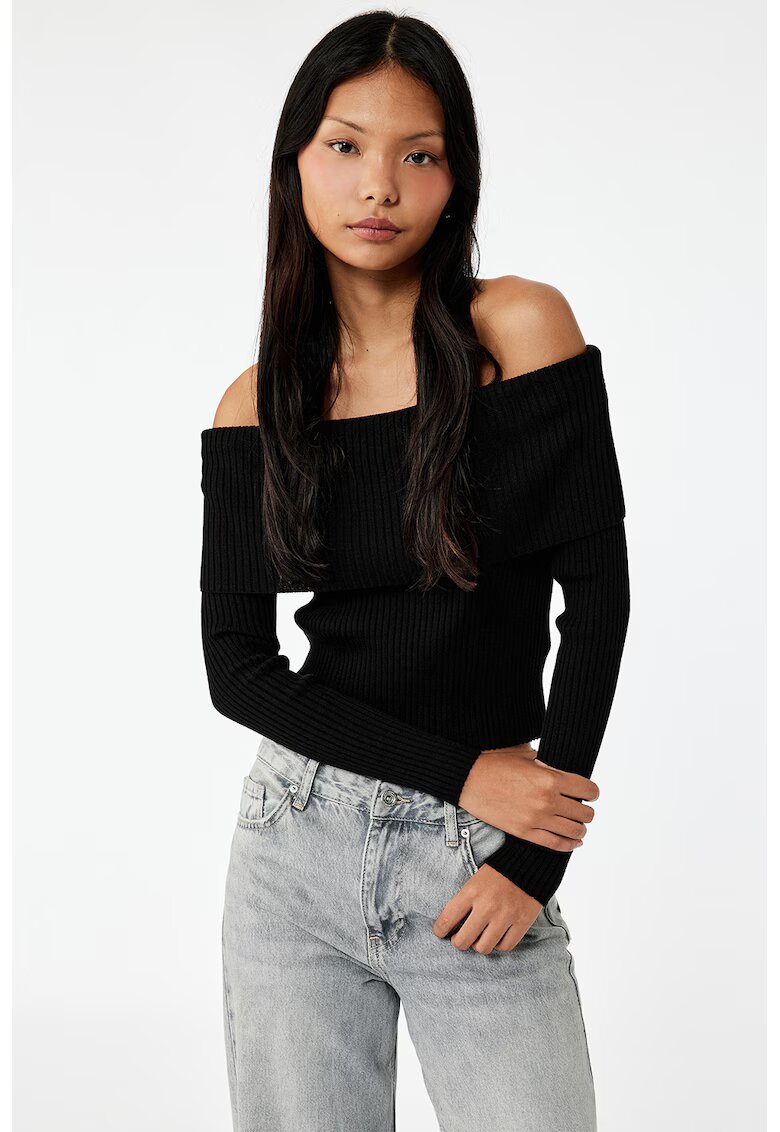 KOTON Pulover cu decolteu pe umeri si aspect striat - Negru