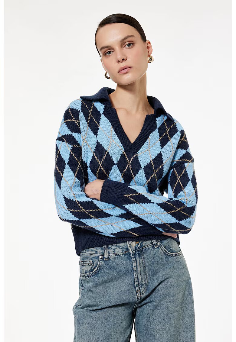 KOTON Pulover cu model si decolteu in V - Albastru glaciar/Bleumarin