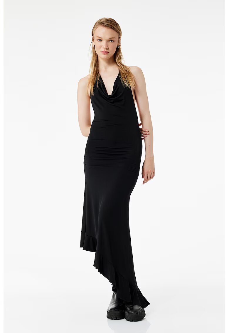 KOTON Rochie asimetrica cu decolte halter si garnitura cu volane - Negru