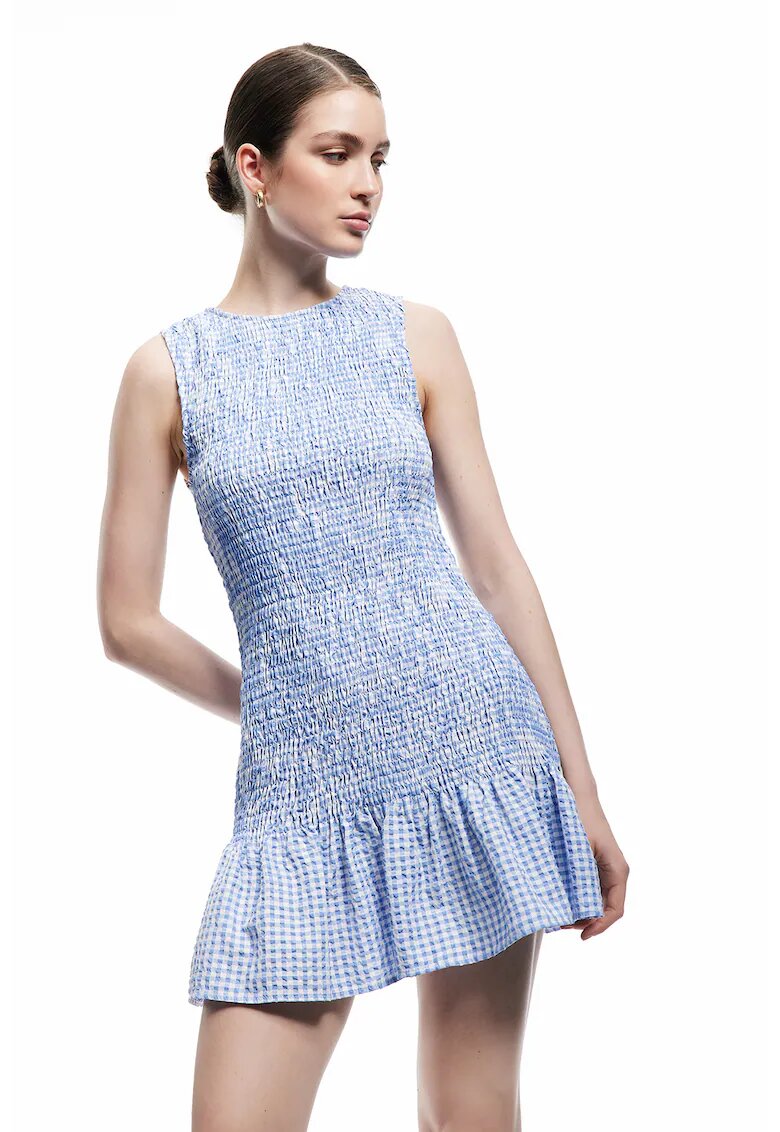 KOTON Rochie cu fronseuri si model in carouri - Albastru pastel/Alb optic