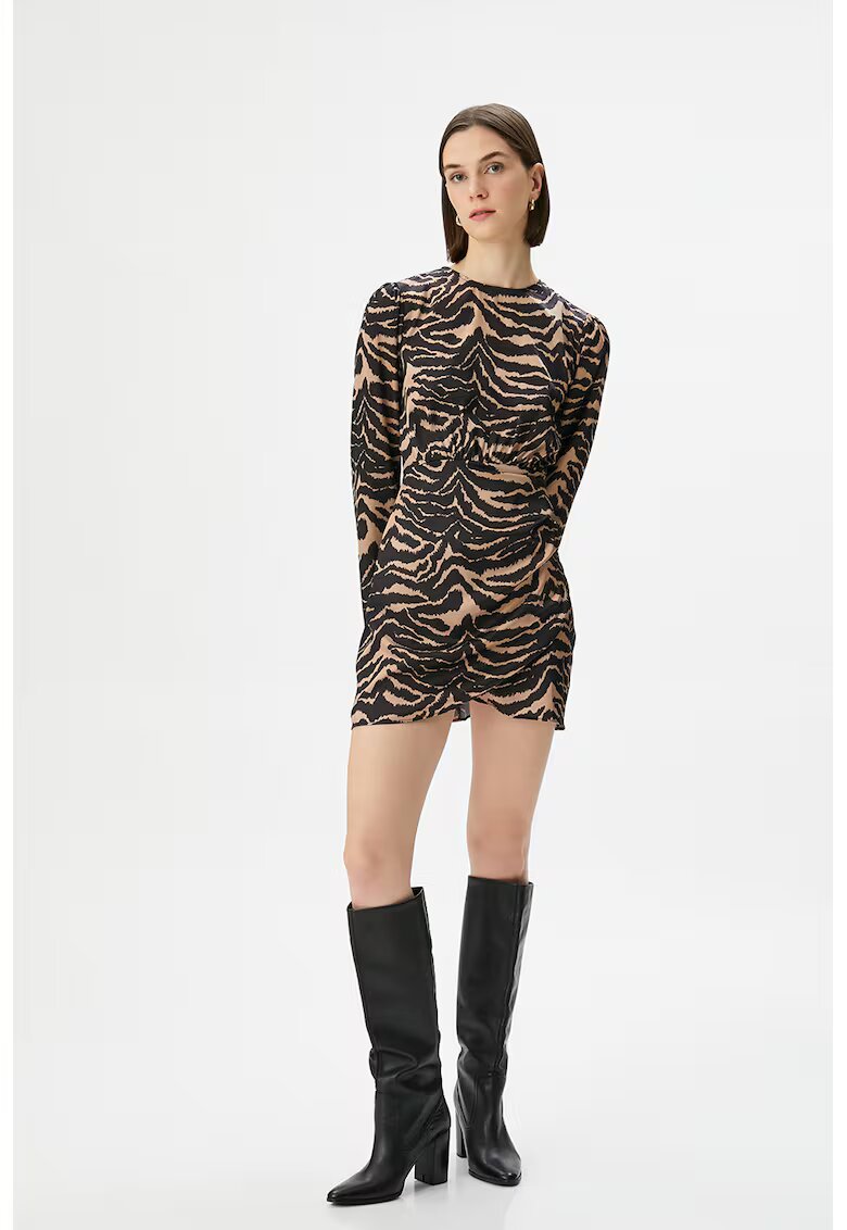 KOTON Rochie cu model petrecut si animal print - Negru/Maro nisip