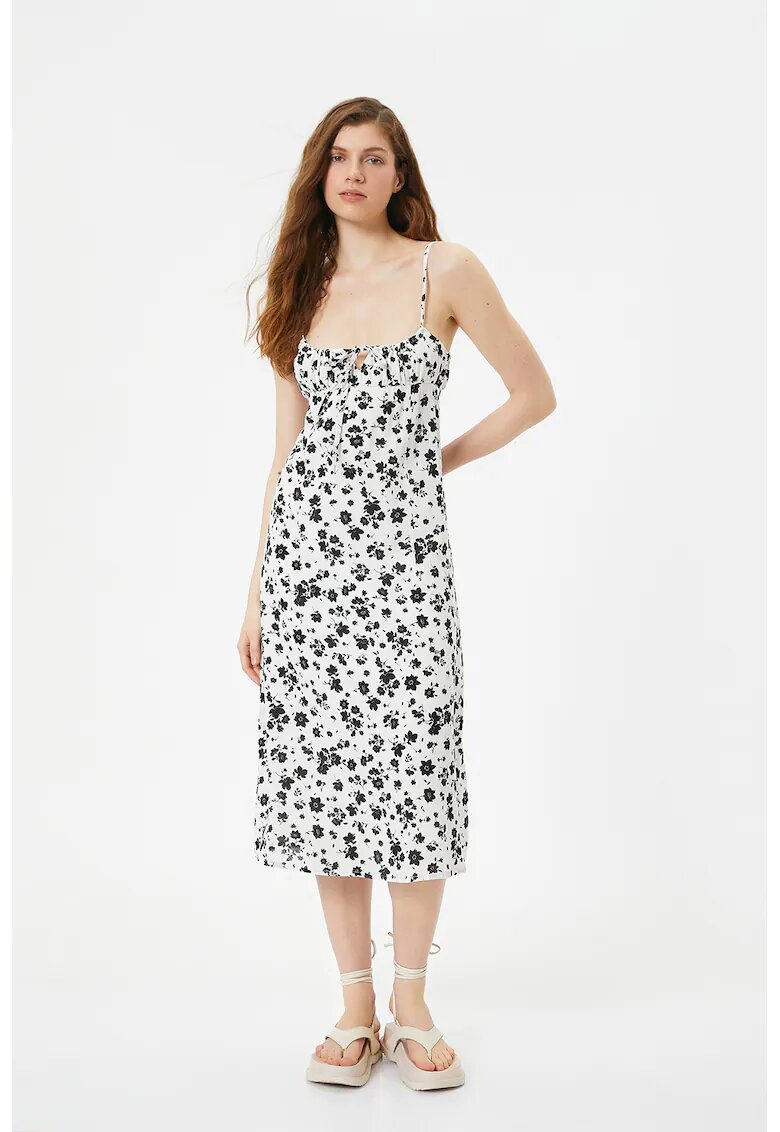 KOTON Rochie midi cu croiala in A si model floral - Negru/Alb murdar
