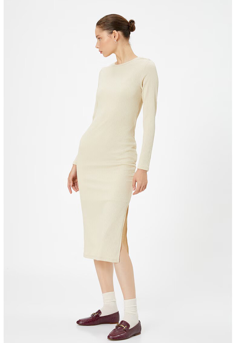 KOTON Rochie midi striata cu slit lateral - Crem
