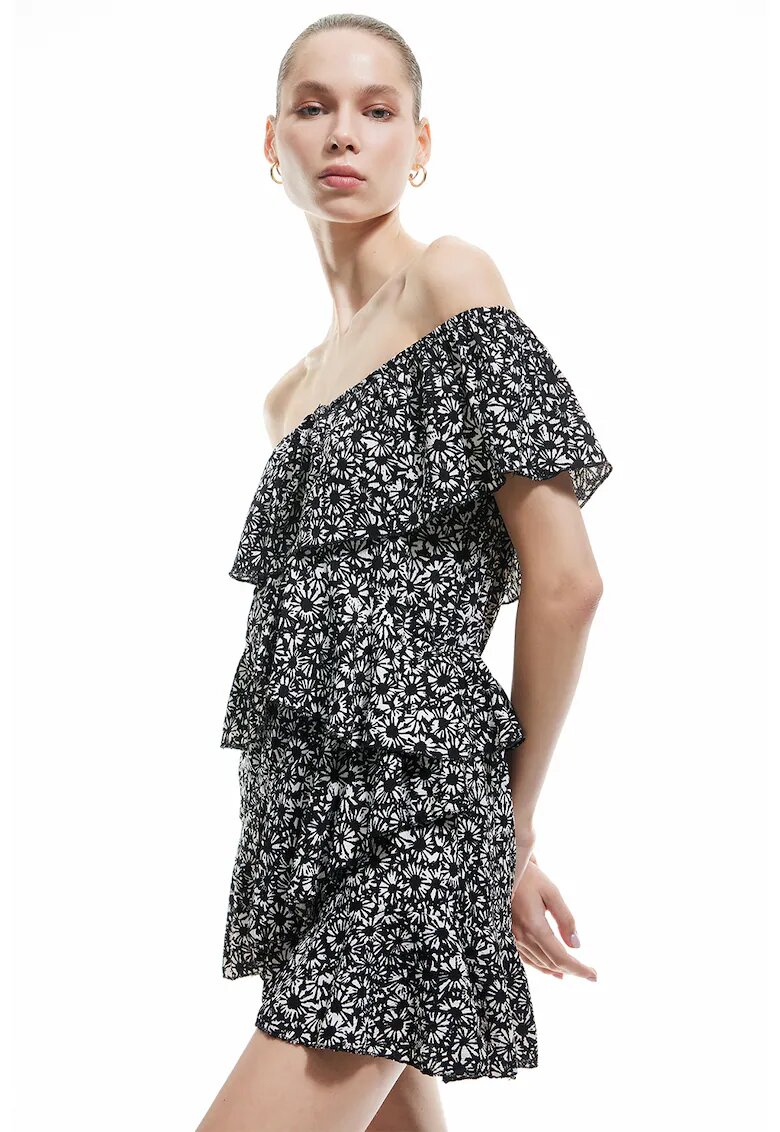 KOTON Salopeta scurta cu volane si model - Alb/Negru