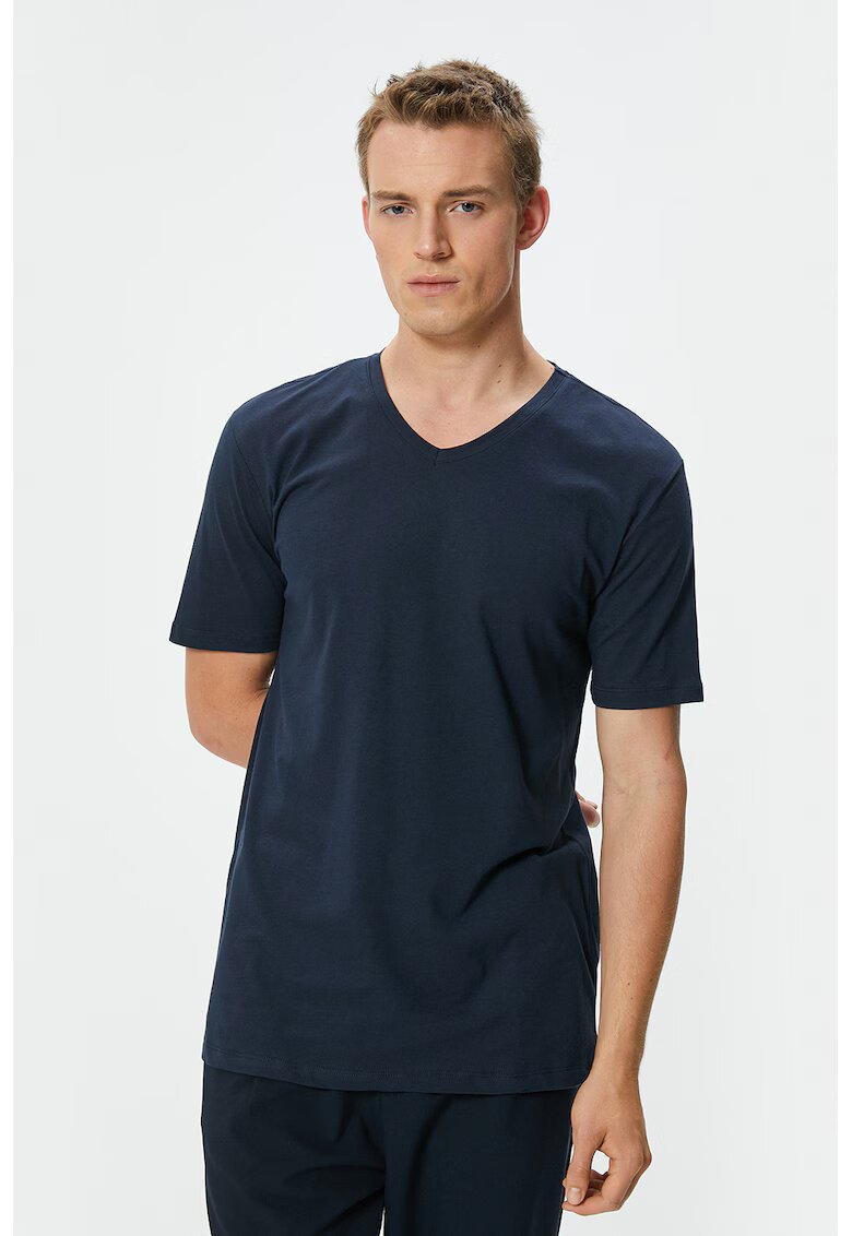 KOTON Set de tricouri slim fit cu decolteu in V - 2 piese - Alb/Bleumarin