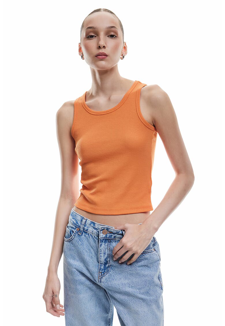 KOTON Top crop cu decolteu rotund si aspect striat - Portocaliu mandarina
