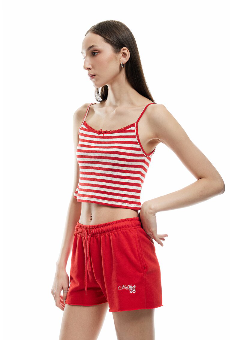 KOTON Top crop cu dungi si bretele subtiri - Alb/Coral