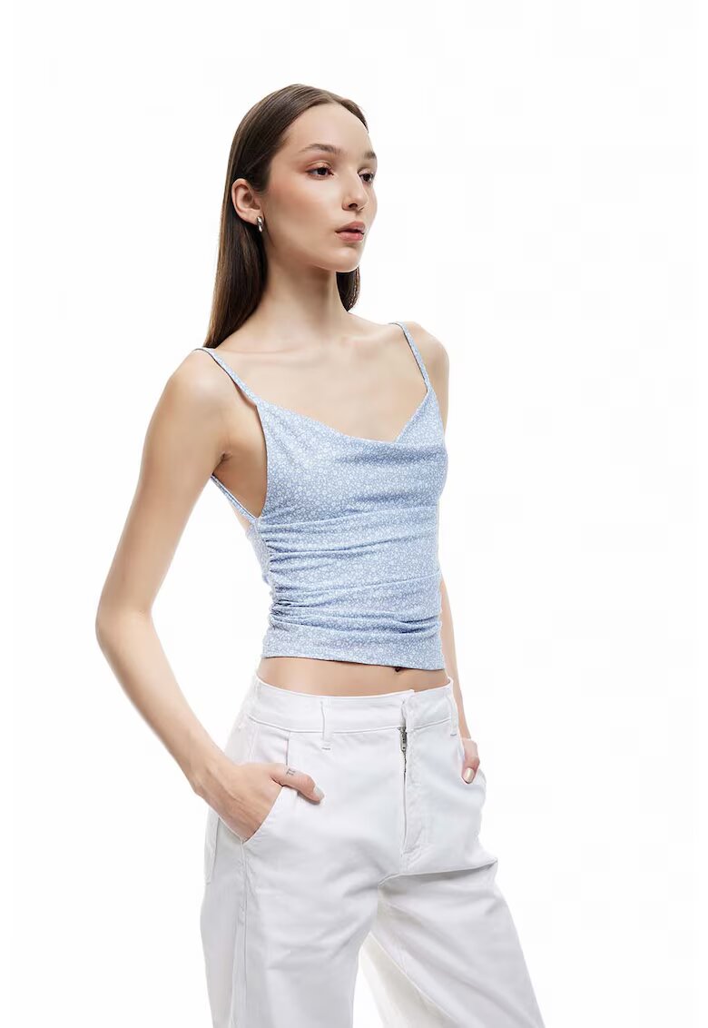 KOTON Top crop cu fronseuri si model floral - Alb/Albastru deschis