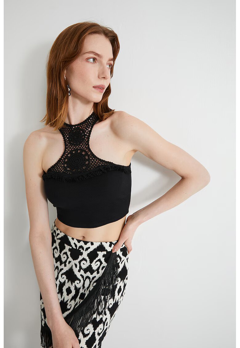 KOTON Top crop cu garnituri de dantela crosetata - Negru