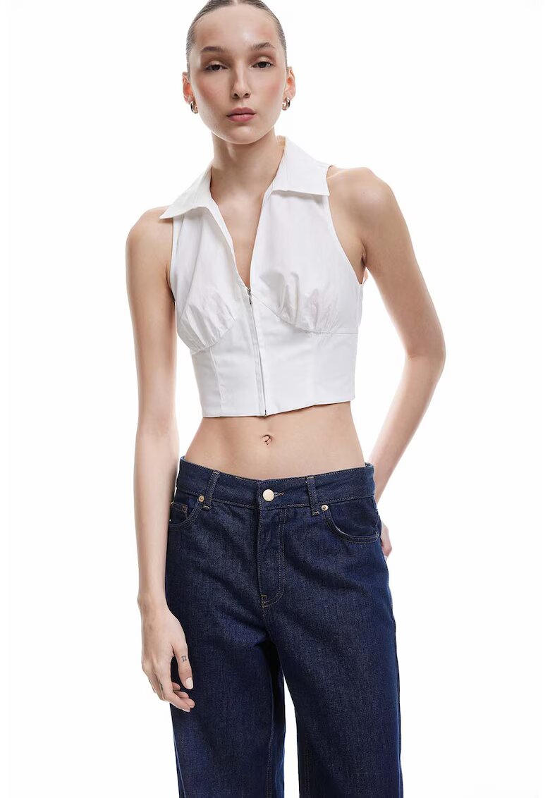KOTON Top crop cu guler ascutit si fermoar - Alb