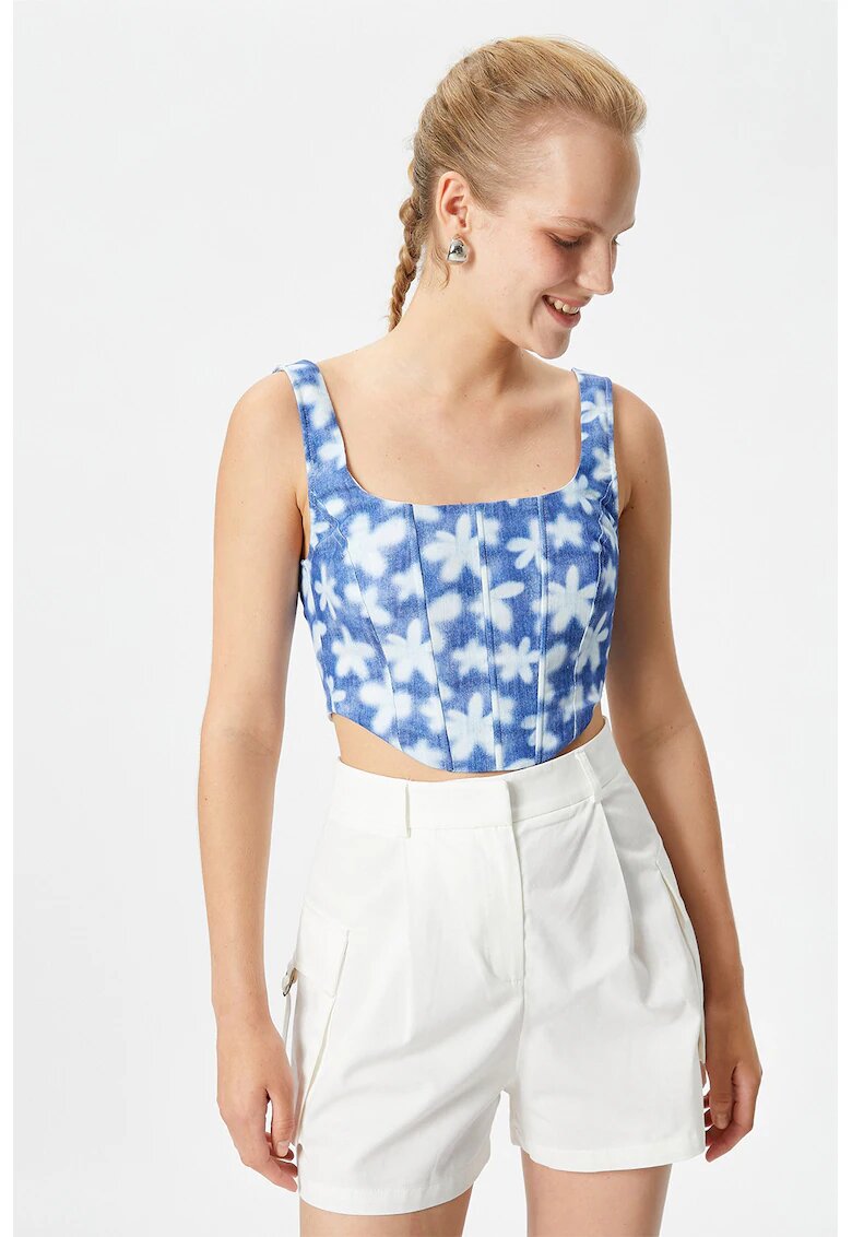 KOTON Top crop cu model floral - Alb/Albastru inchis