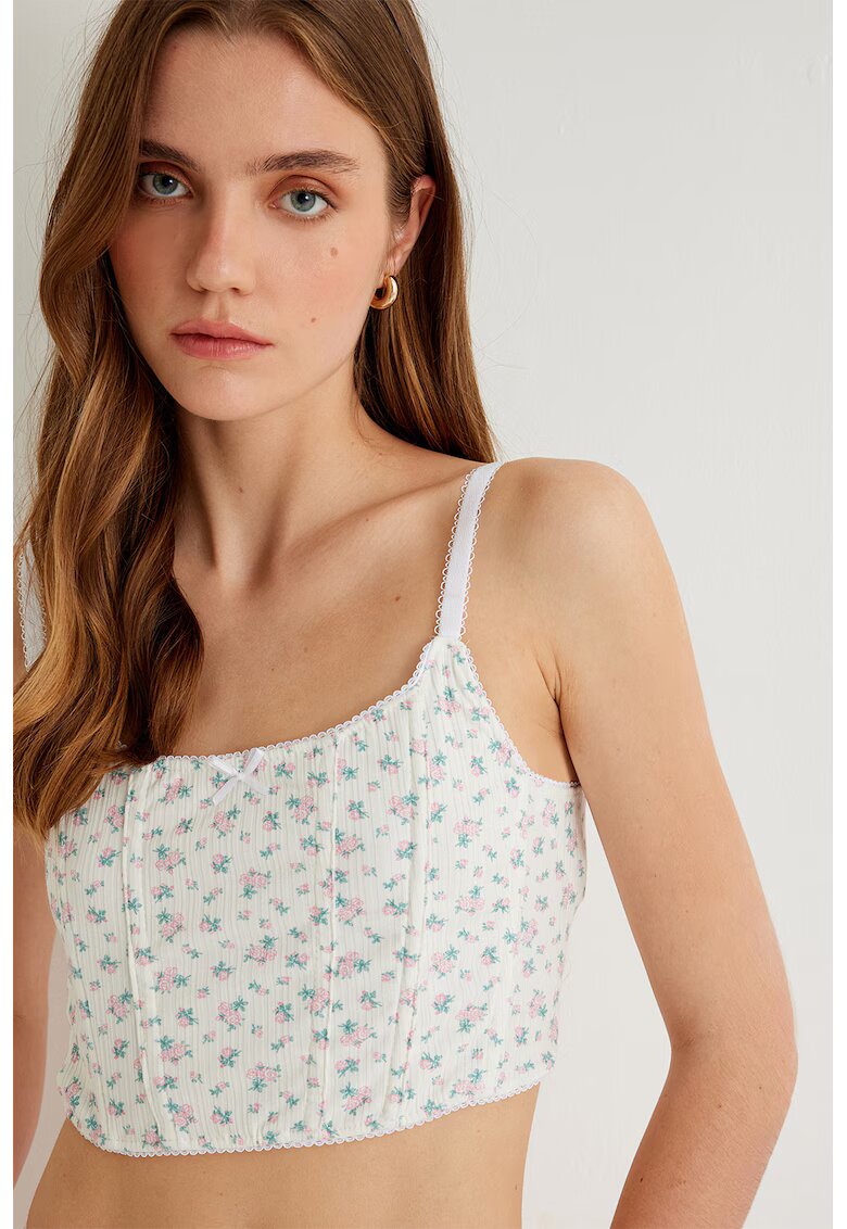 KOTON Top crop cu model floral - Roz pastel/Alb murdar/Verde persan