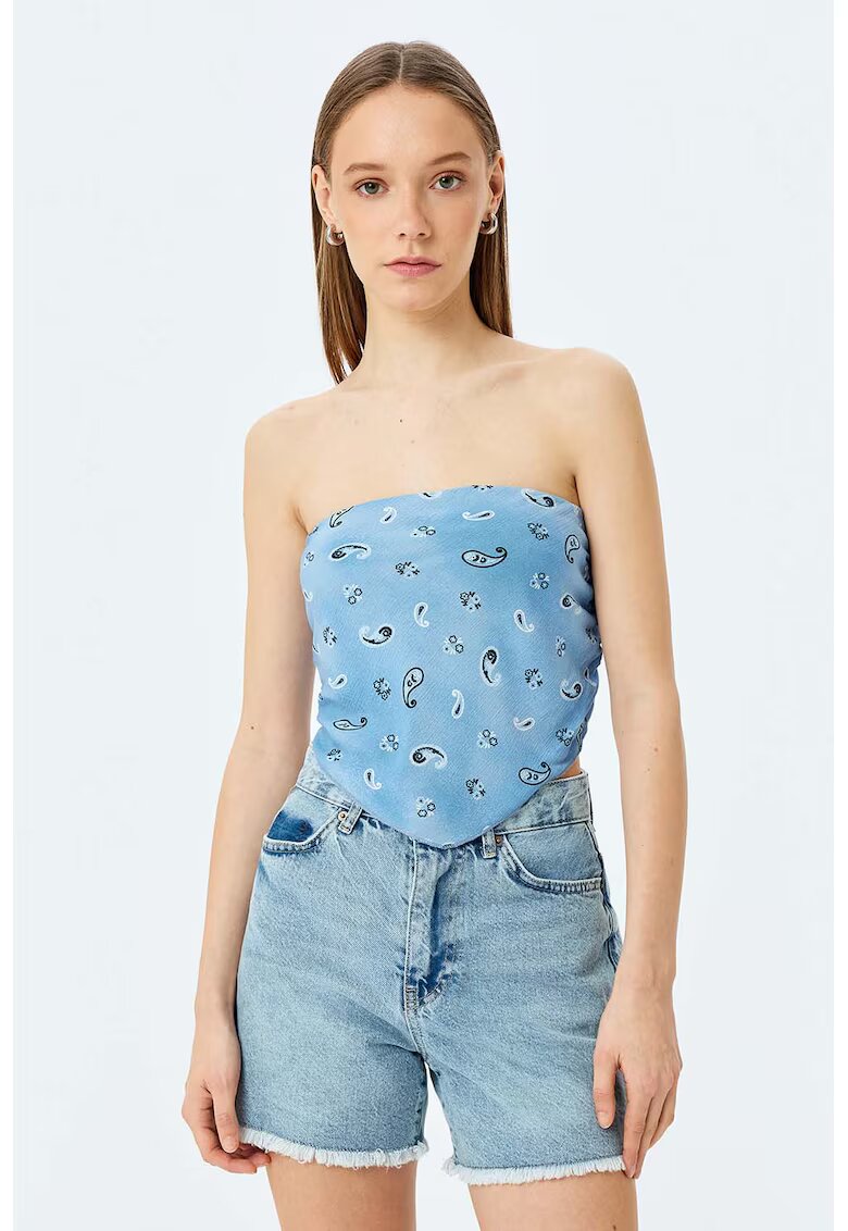 KOTON Top crop cu model grafic - Alb/Albastru deschis