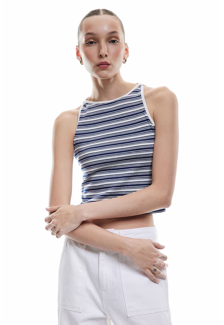 KOTON Top crop cu model in dungi - Alb/Bleumarin