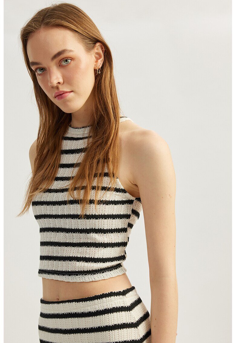 KOTON Top crop cu model in dungi - Alb/Negru