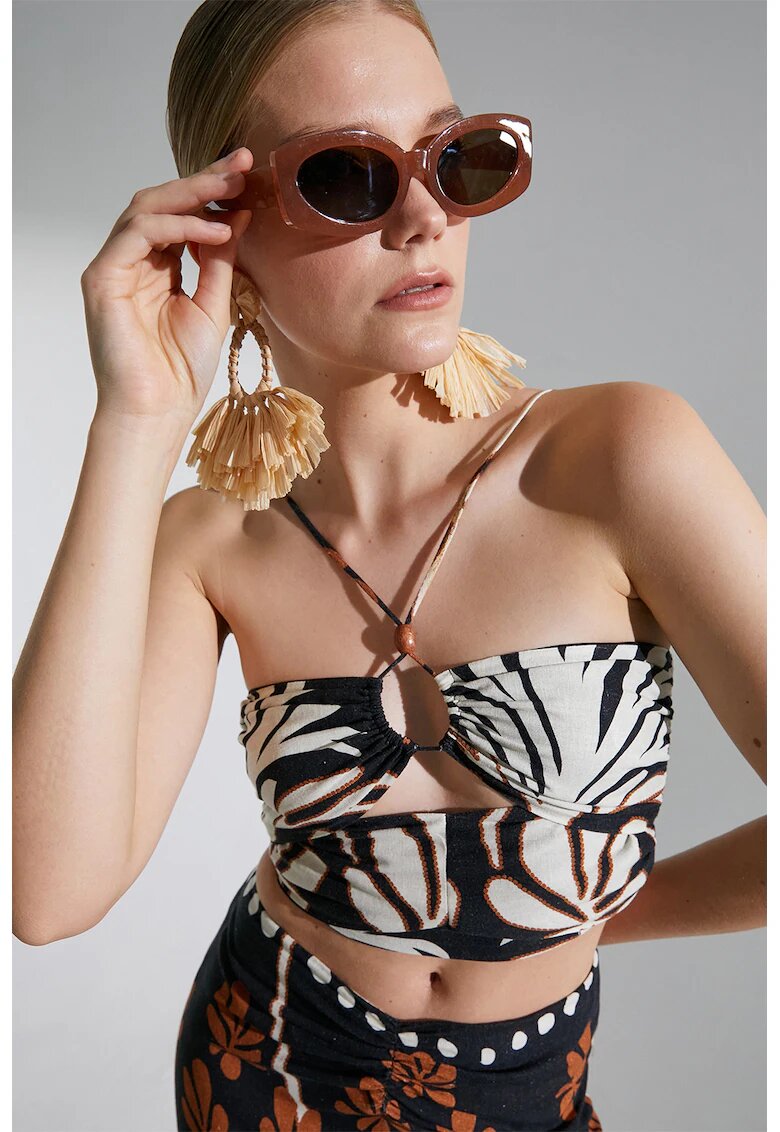 KOTON Top crop cu model si decupaje - Alb/Negru