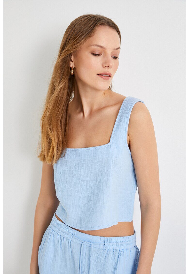 KOTON Top crop de bumbac cu decolteu patrat - Albastru deschis
