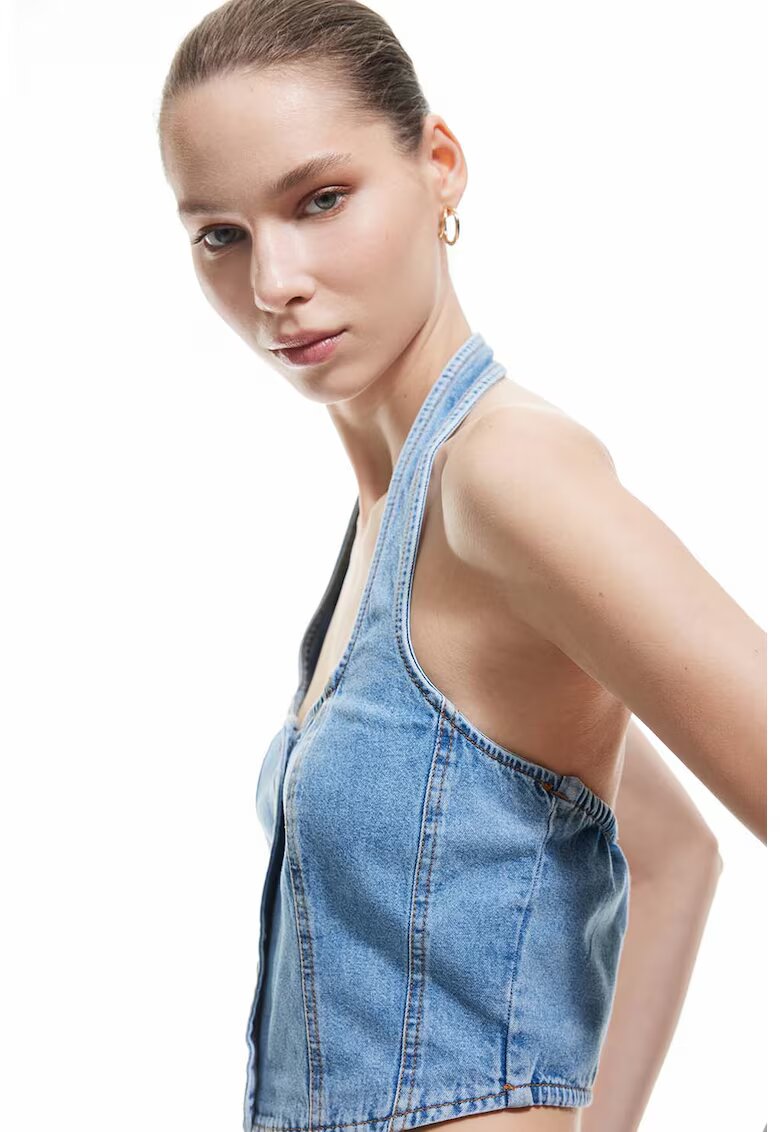 KOTON Top crop din denim cu nasturi - Albastru melange