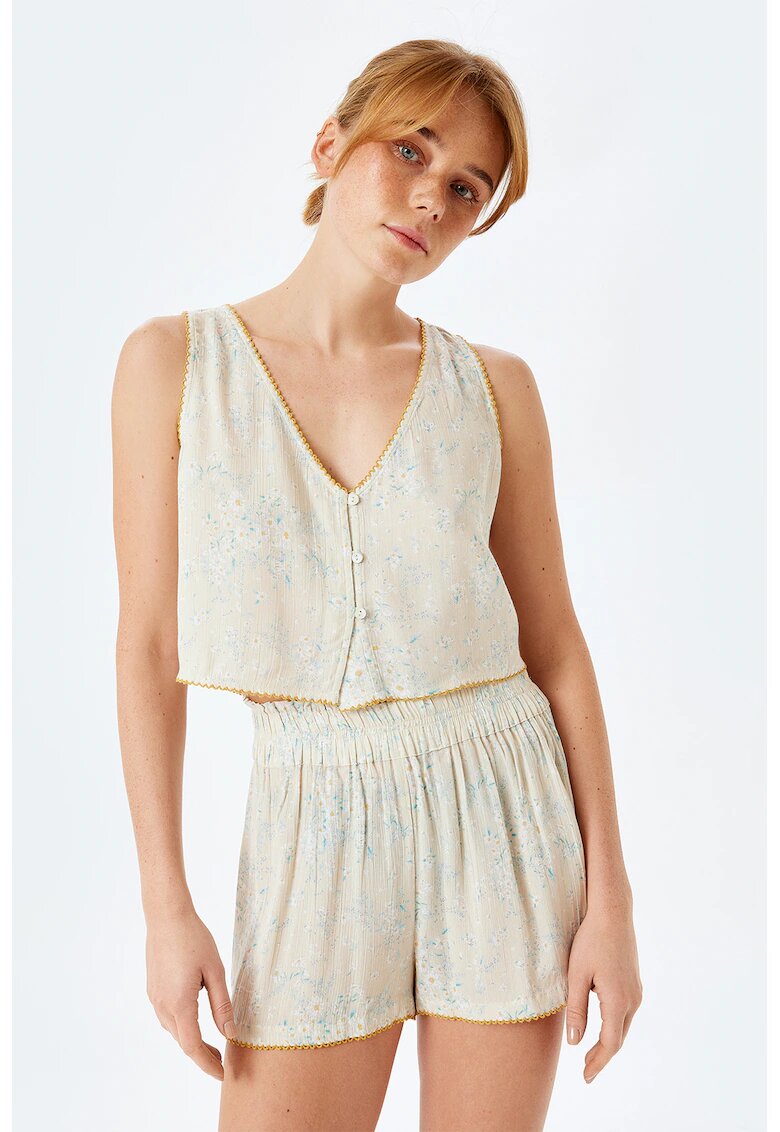 KOTON Top cu model floral si decolteu in V - Albastru deschis/Bej deschis