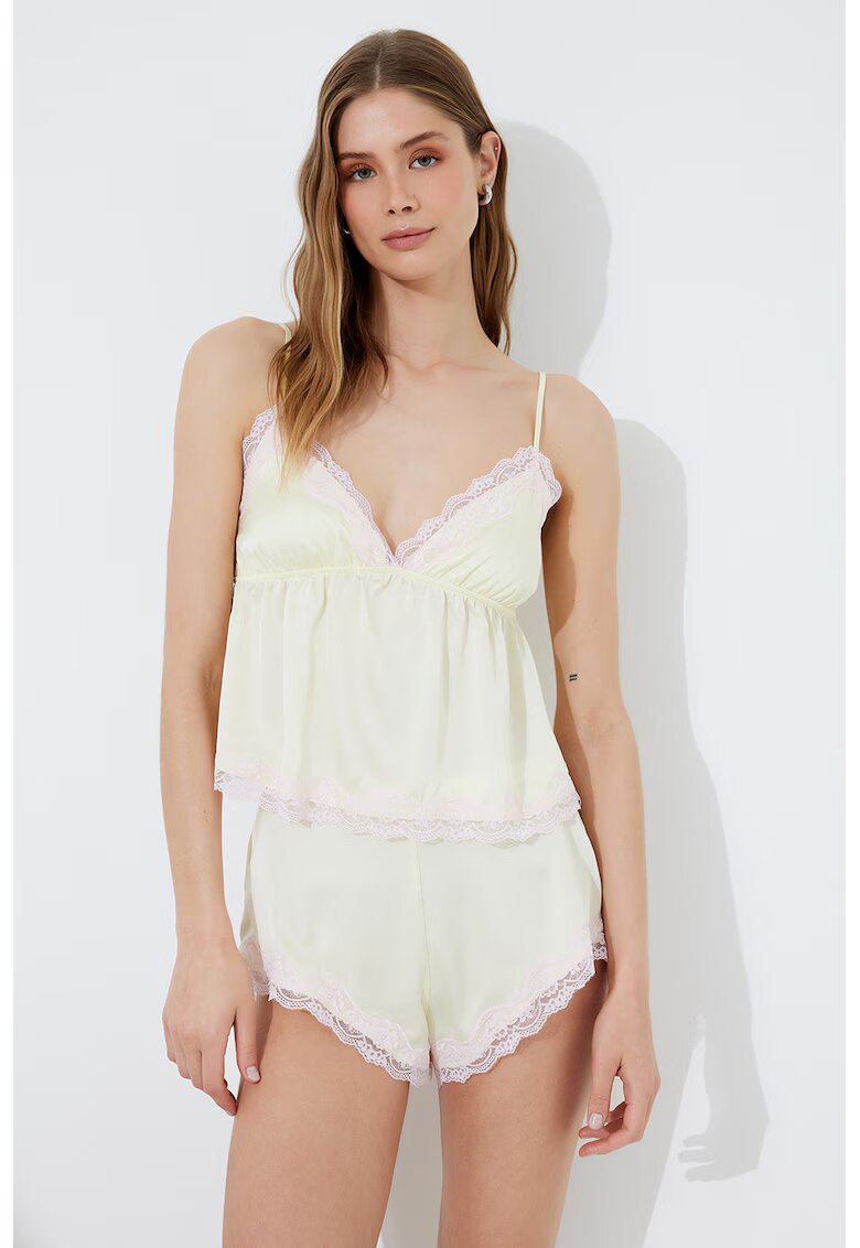 KOTON Top de pijama cu aspect satinat si captuseala din dantela - Galben