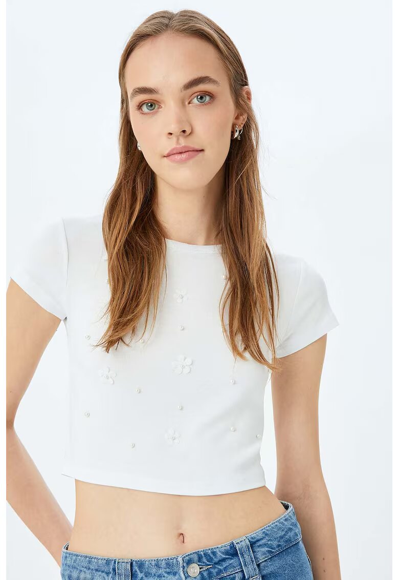 KOTON Tricou crop cu aplicatii cu model floral - Alb