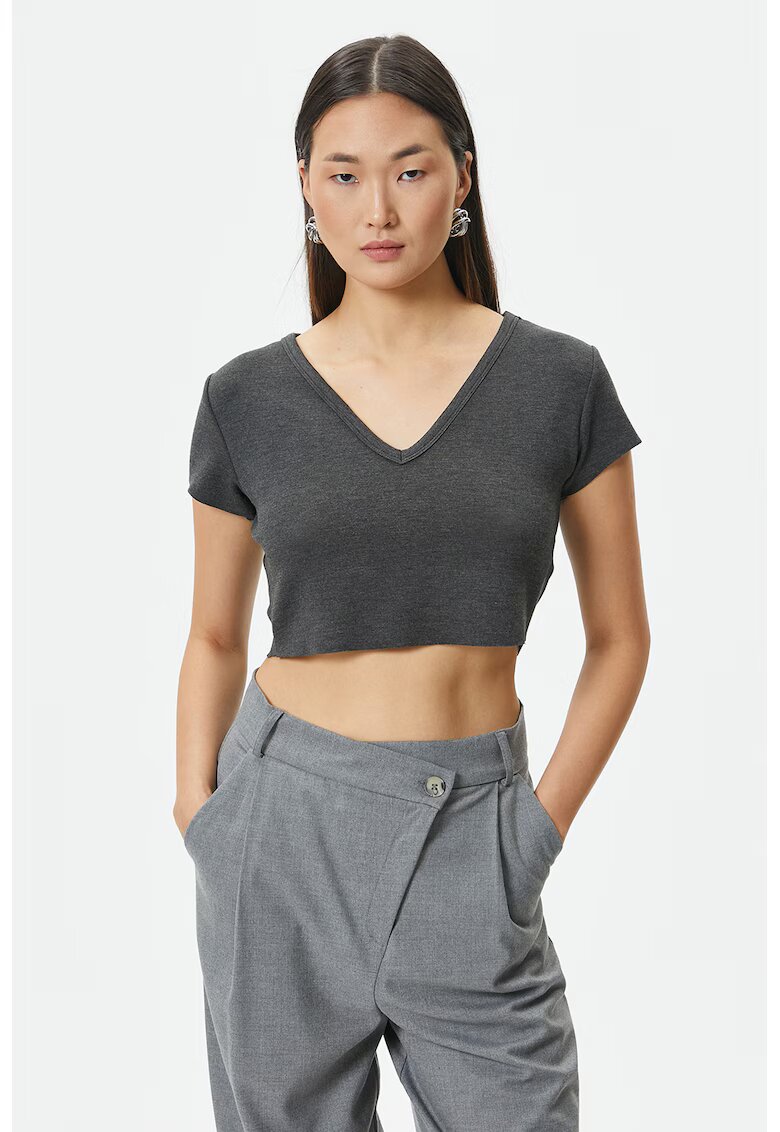 KOTON Tricou crop cu decolteu in V - Gri inchis melange