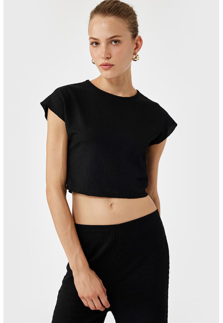 KOTON Tricou crop cu decolteu la baza gatului - Negru