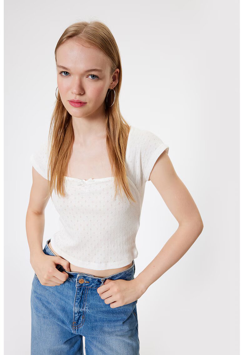 KOTON Tricou crop cu decolteu patrat - Alb