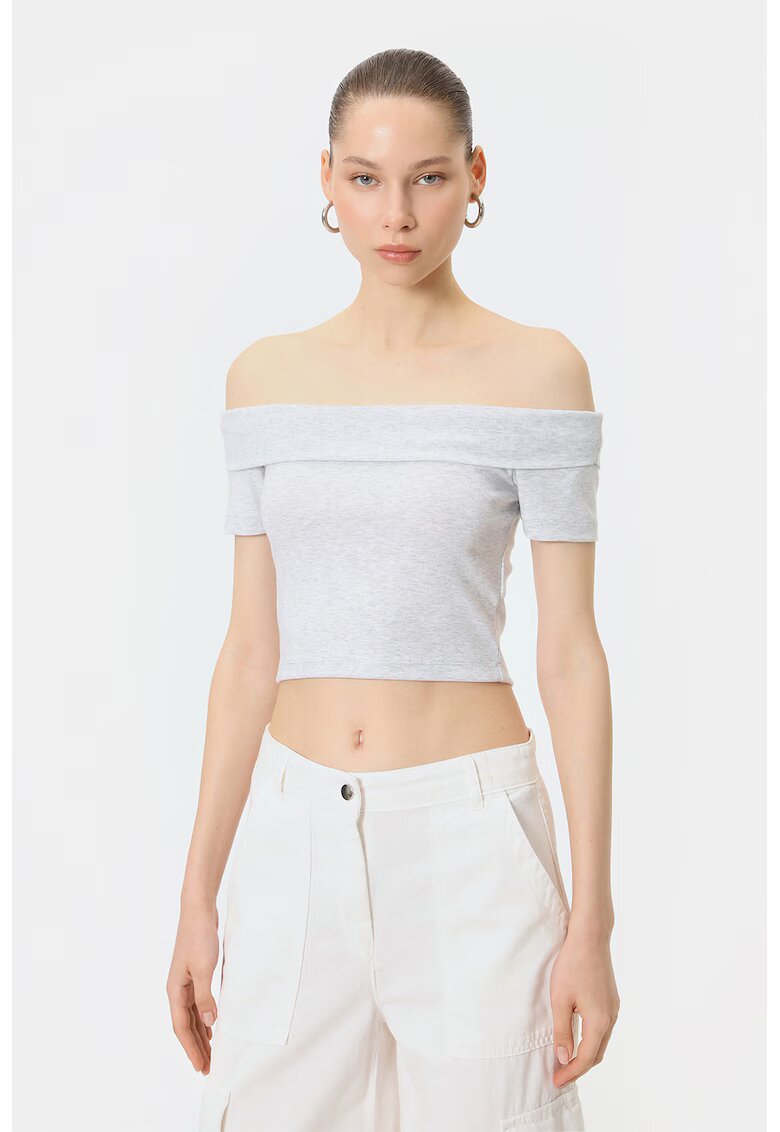KOTON Tricou crop cu decolteu pe un umar - Gri deschis melange