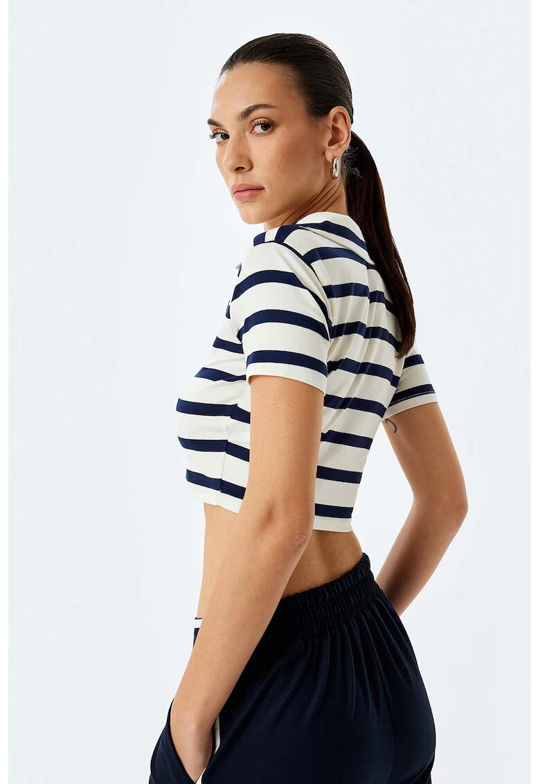 KOTON Tricou crop cu dungi - Alb/Bleumarin