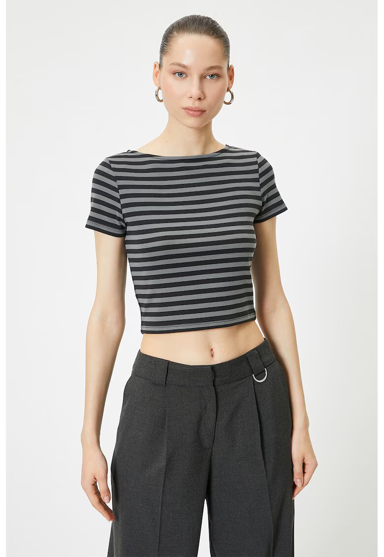KOTON Tricou crop cu dungi - Negru/Gri