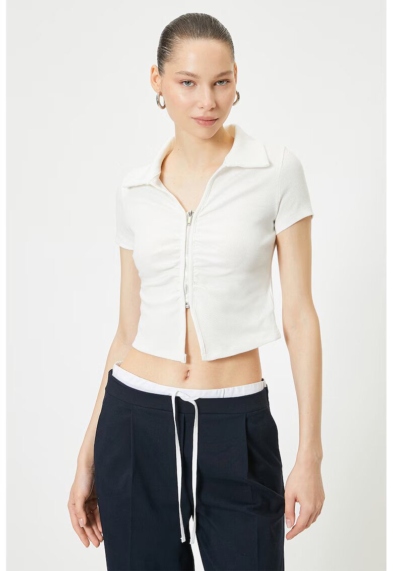 KOTON Tricou crop cu fermoar - Alb optic