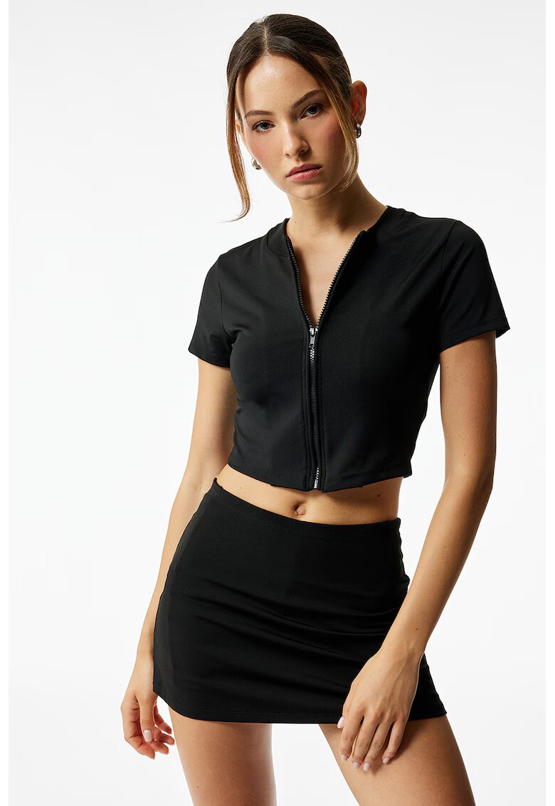 KOTON Tricou crop cu fermoar - Negru