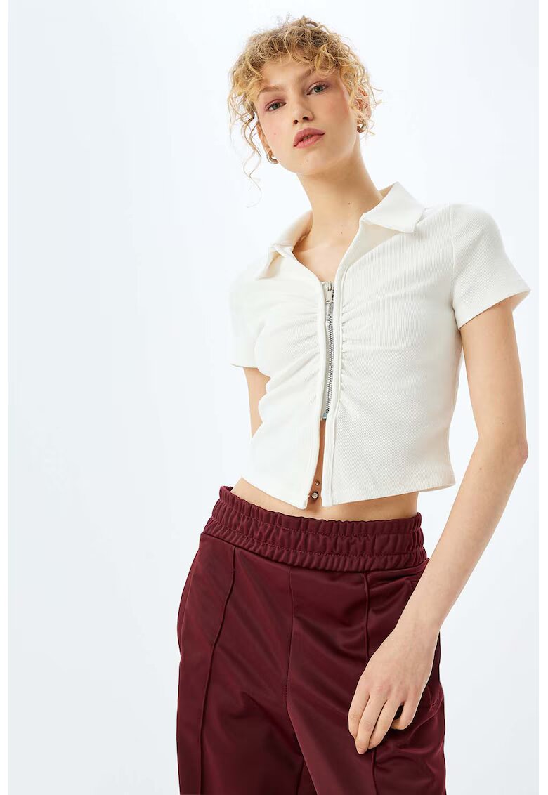 KOTON Tricou crop cu fermoar si decolteu in V - Alb murdar