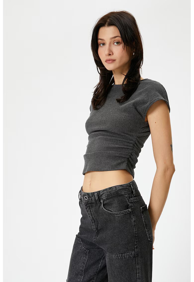 KOTON Tricou crop cu fronseuri - Gri antracit