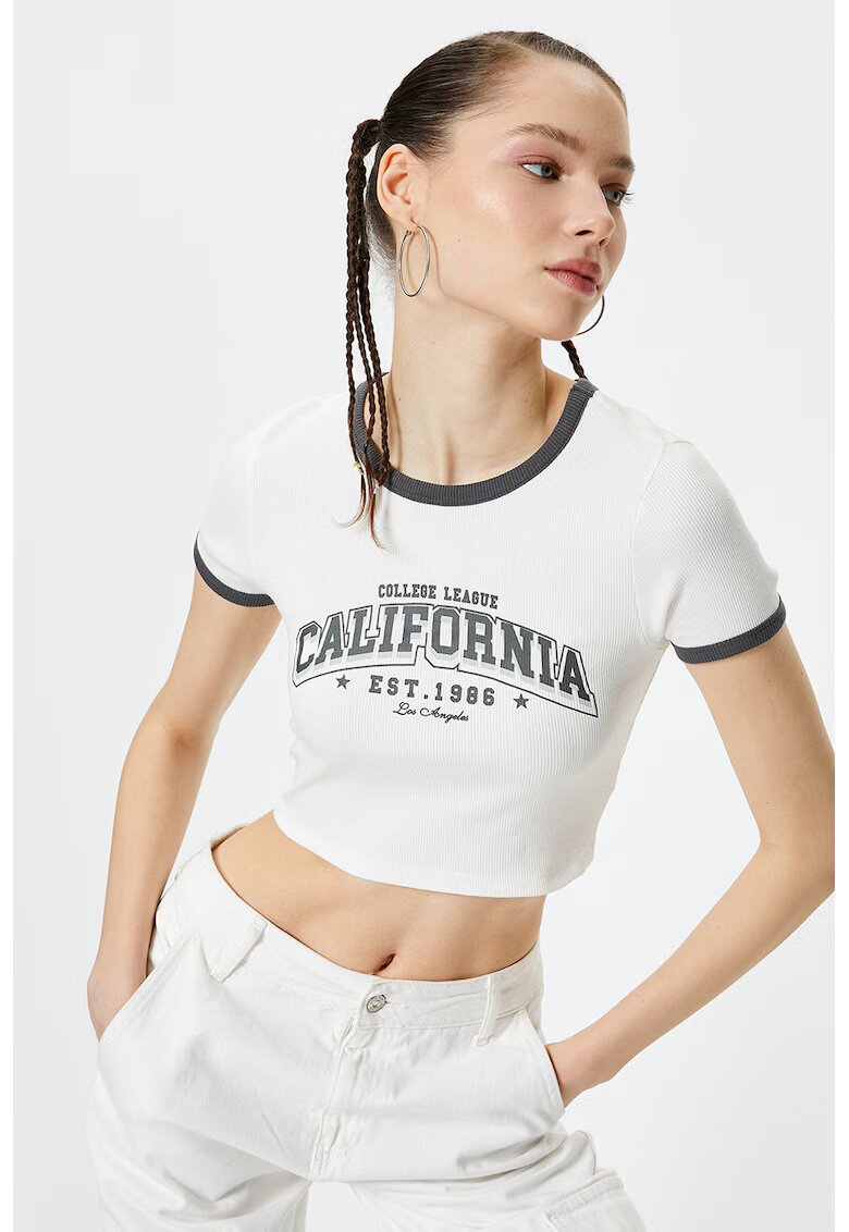 KOTON Tricou crop cu imprimeu - Alb/Gri inchis