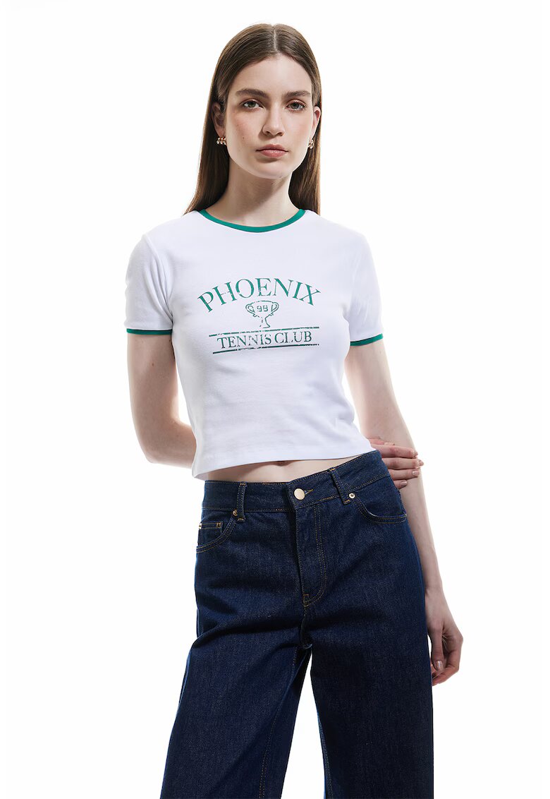 KOTON Tricou crop cu imprimeu text - Alb optic/Verde aquamarin