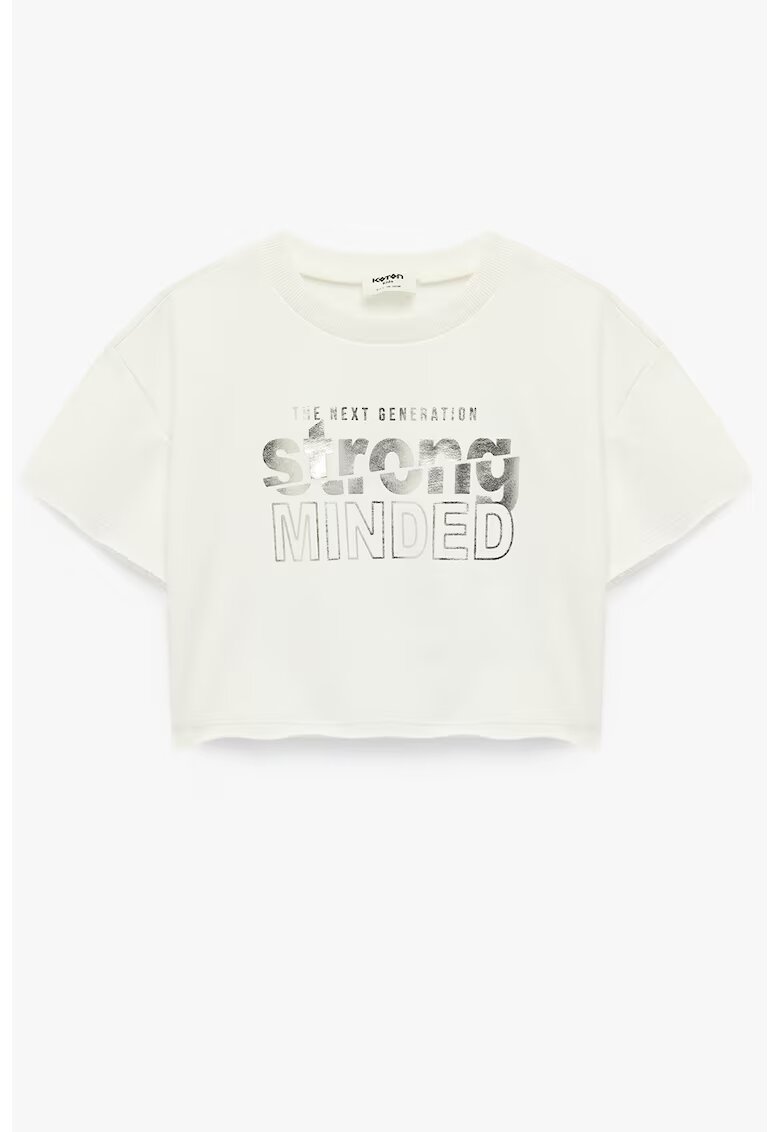 KOTON Tricou crop cu imprimeu text - Gri/Alb murdar