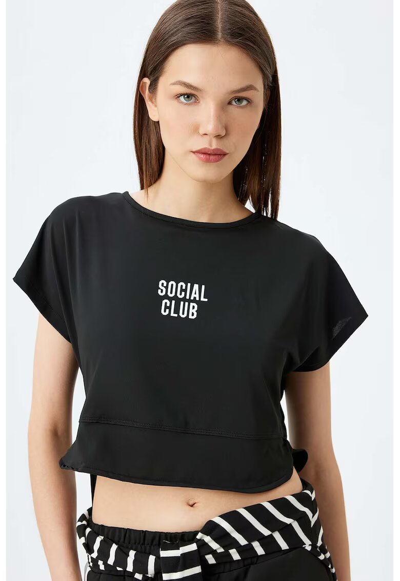 KOTON Tricou crop cu imprimeu text - Negru