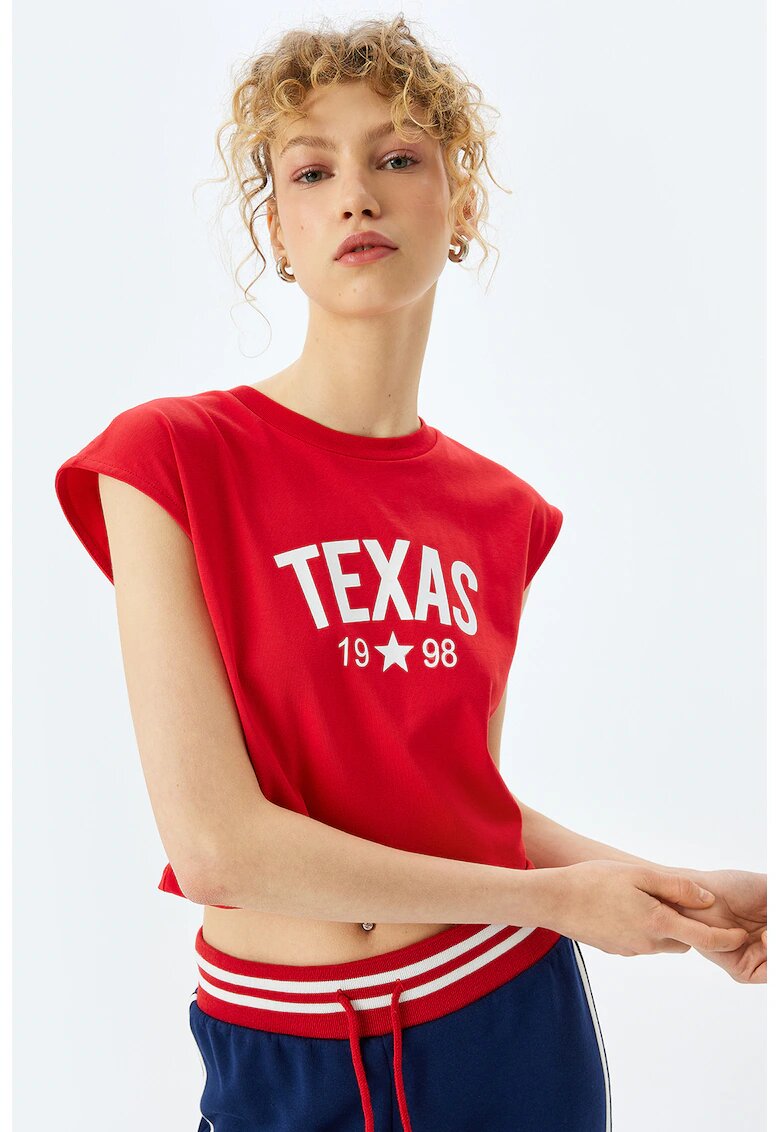 KOTON Tricou crop cu imprimeu text pe partea din fata - Rosu/Alb murdar